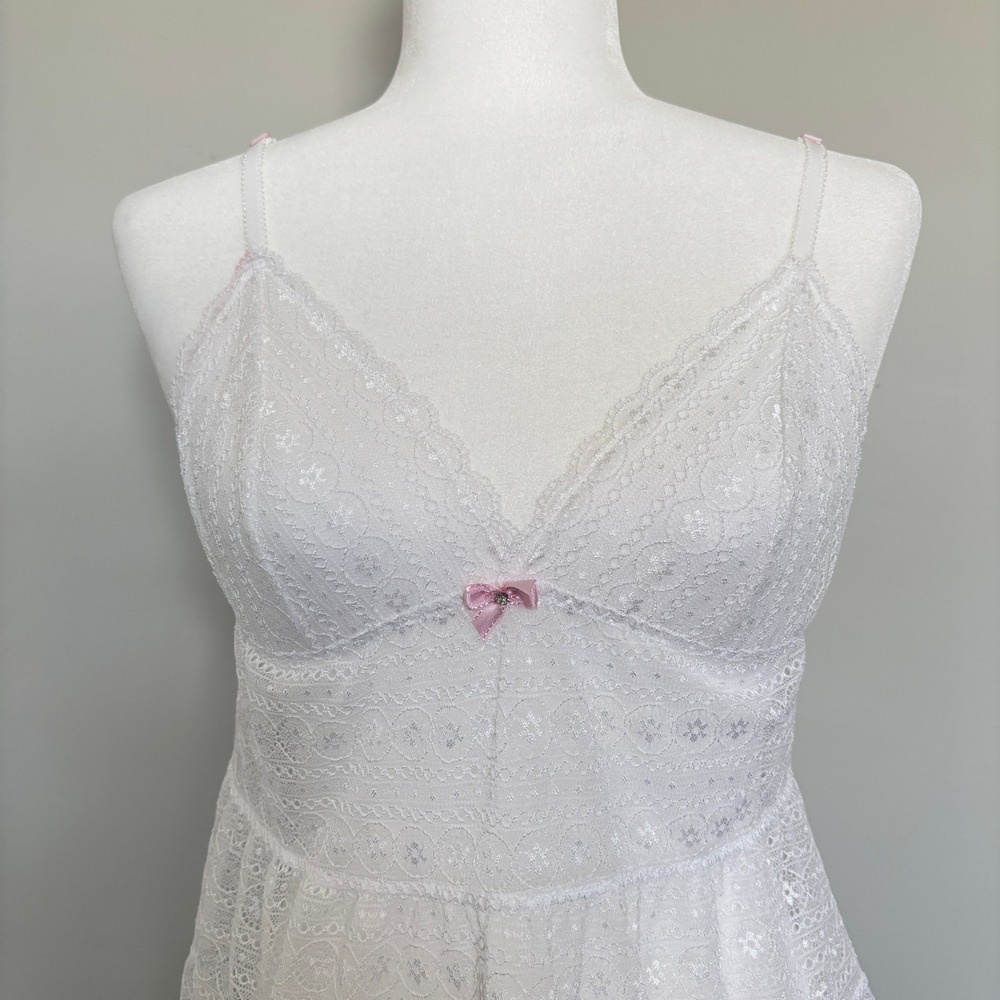 Victoria's Secret Babydoll Lace Cami Lingerie Top White Pink Bow Bridal Women M